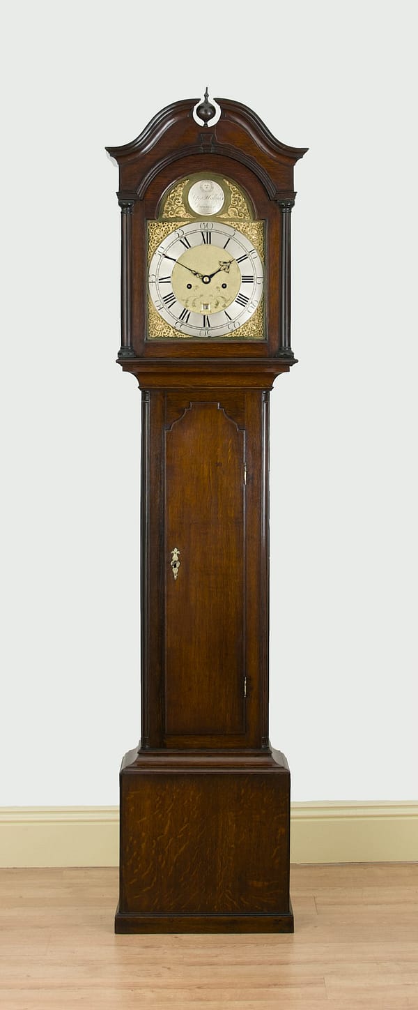 georgian-longcase-clock-hallifax-doncaster-master image of a quarter sawn oak cased clock signed for george hallifax of doncaster