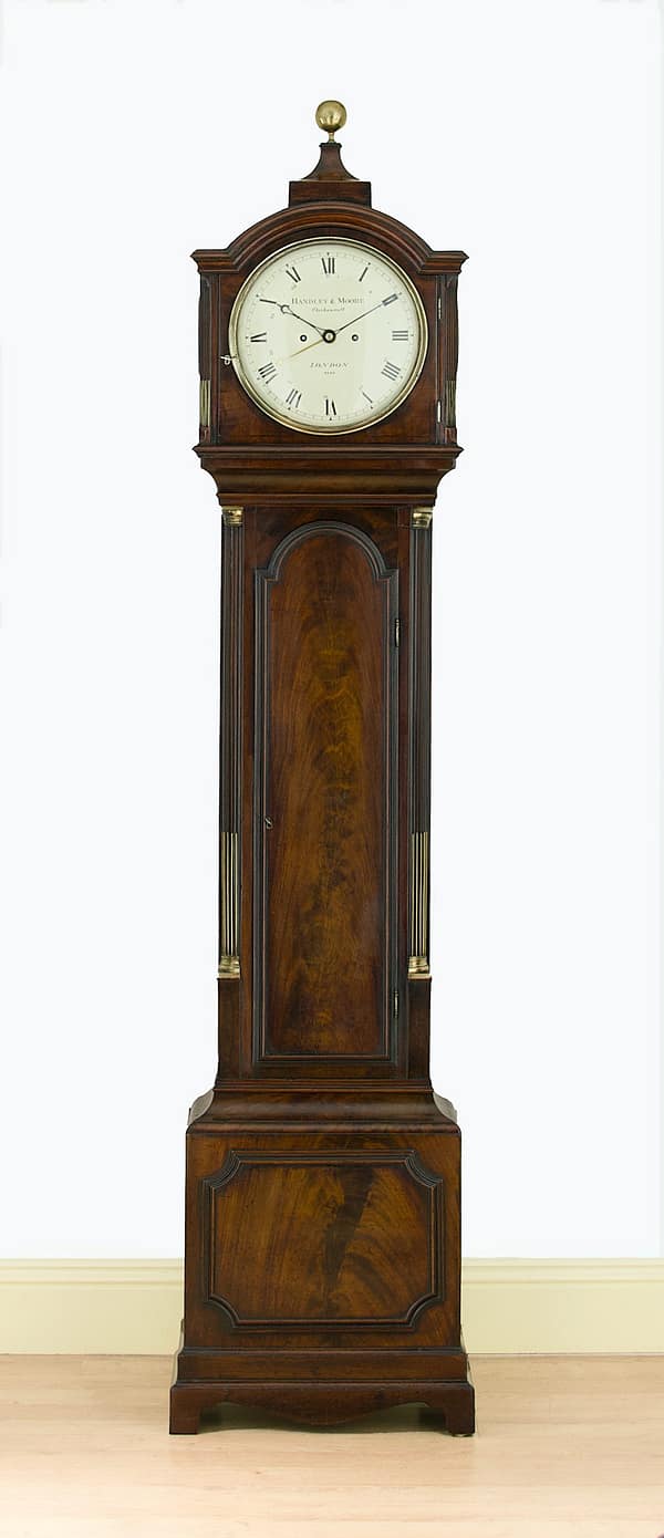 georgian-longcase-clock-handley-moore-london-master image of a fine quality georgian gentleman's library style mahogany longcase clock by Handley and moore of london circa 1810