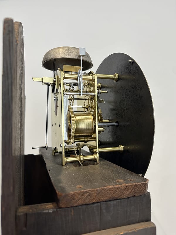 georgian-longcase-clock-handley-moore-london-movement1 image showing the detailed gear work of a handley and moore georgian longcase clock movement