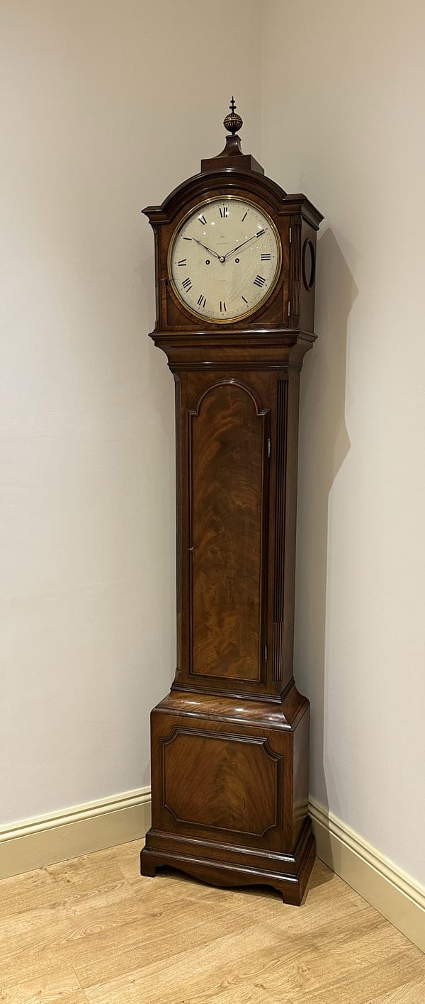 georgian-longcase-clock-thwaites-london-showroom1 showroom image of a fine quality mahogany Georgian longcase clock by Thwaites of London circa 1808.