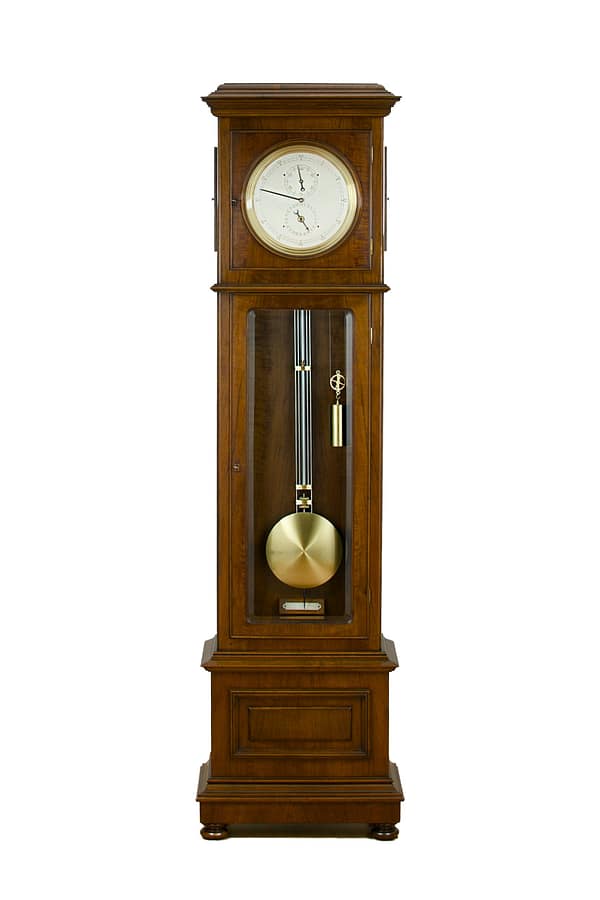 lenzkirch-regulator-longcase-precision-clock image of a fine quality walnut precision regulartor clock by Lenzkirch with a silvered 24 hour observatory dial and gridiron oendulum