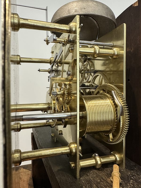 georgian-longcase-clock-thwaites-london-move2 detailed image of a restored clock movement undertaken by story antique clocks.