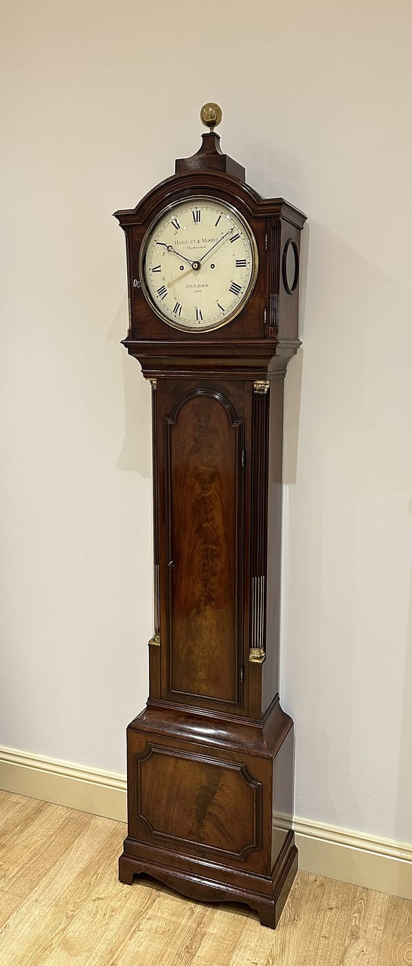 georgian-longcase-clock-handley-moore-london -showroom2 showroom image of a georgian mahogany longcase clock by handley and moore