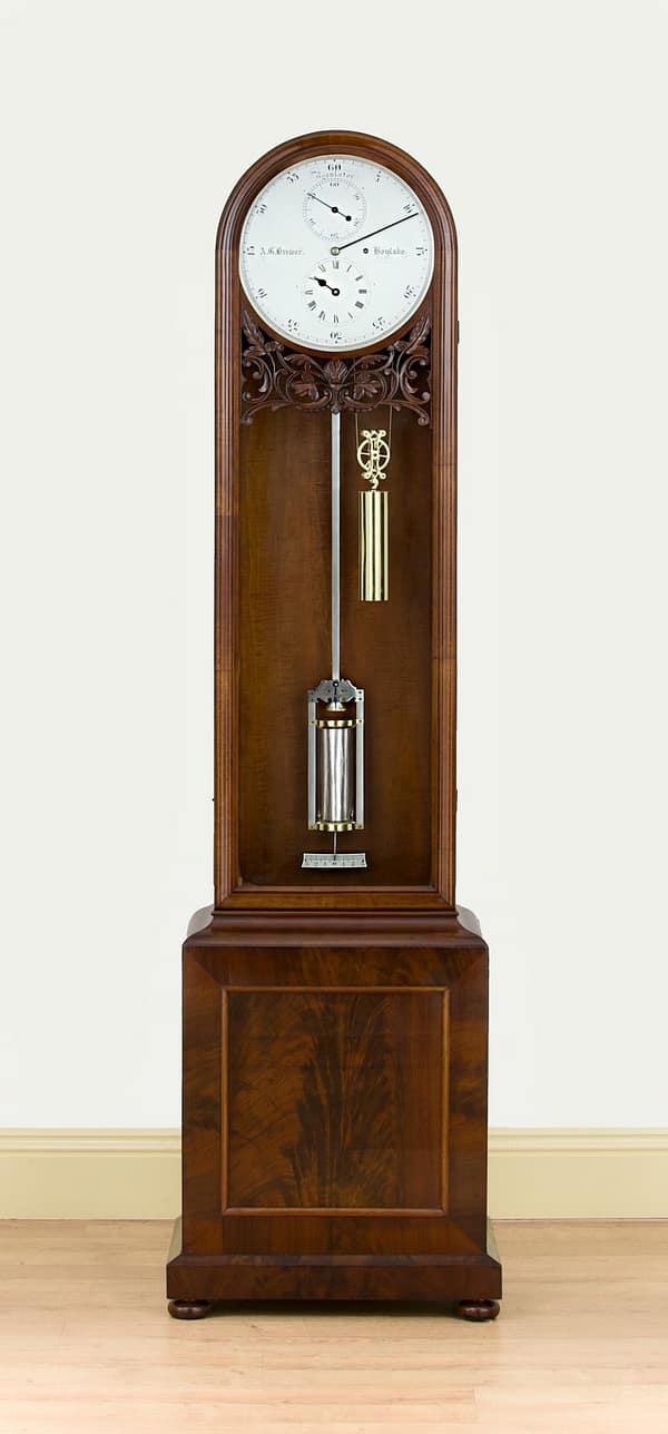 victorian-mahogany-floorstanding-regulator-longcase -clock-master A flame mahogany regulator longcase clock with a silvered dial and mercury compensated pendulum.