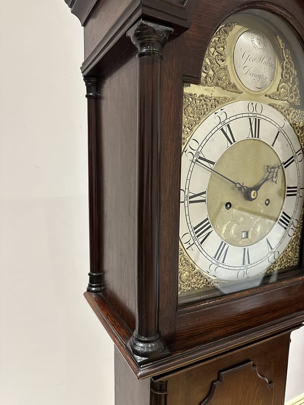 georgian-longcase-clock-hallifax-doncaster-detail image of a brass 8 day clock movement in fully restored condition with a count wheel strike on a single bell