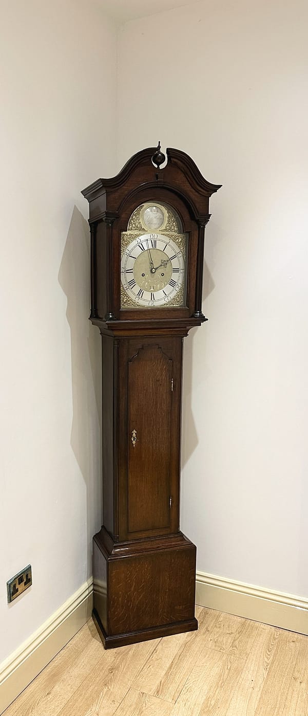 georgian-longcase-clock-hallifax-doncaster-showroom showroom image of a fine quality 8 day georgian longcase grandfather clock with a brass dial