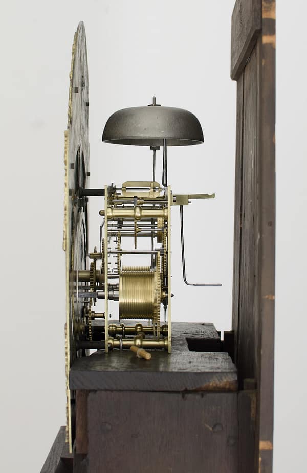 georgian-longcase-clock-hallifax-doncaster-movement image of an original brass 8 day clock movement by Georgre hallifax of doncaster made 1760