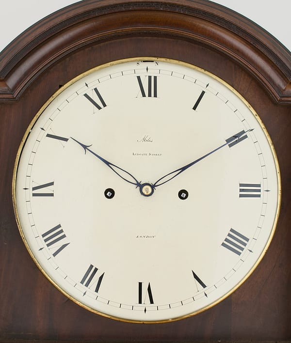 georgian-longcase-clock-thwaites-london-dial image of a good original convex painted white dial for a longcase clock clock made by John Thwaites of London circa 1808.