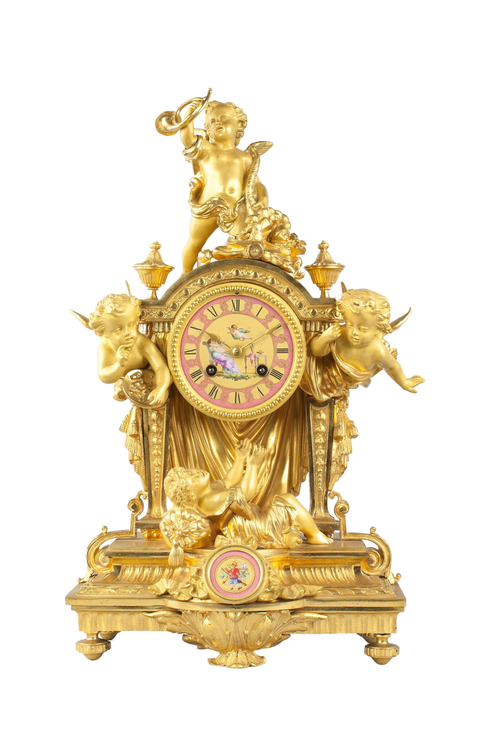 A French gilded bronze mantel clock with painted Sevre's style panels and two tone gilded bronze cherubs