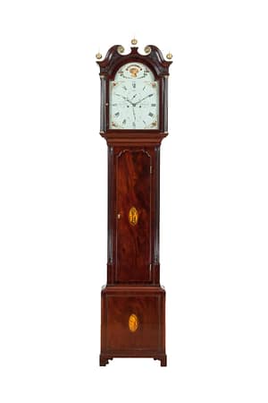 edinburgh-georgian-mahogany-longcase-grandfather-antique-clock Georgian flame mahogany longcase clock by James Love of Edinburgh, with a painted dial and fully restored 8 day movement.