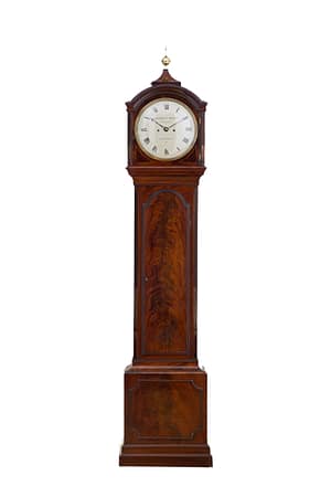 london-georgian-mahogany-longcase-grandfather-antique-clock A fine quality George III flame mahogany 8 day longcase clock by Handley & Moore of London circa 1800.