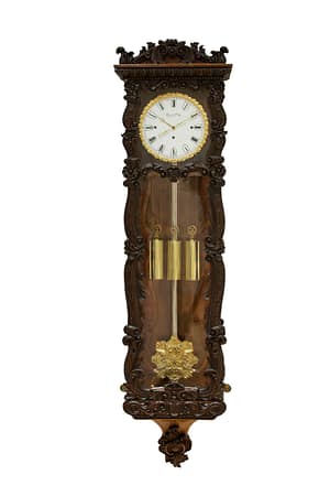 mayer-biedermeier-viennese-carved-grande-sonnerie-regulator-wall-clock A very fine quality, carved mahogany Biedermeier Viennese Regulator wall clock, dating circa 1850, handmade in Vienna by the master clockmaker, Anton Mayer.