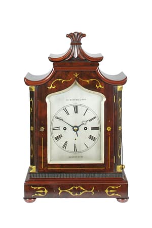 ritchie-edinburgh-mahogany-regency-fusee-bracket-clock A high quality 8 day mahogany and brass inlaid bracket clock, by James Ritchie & Son, Edinburgh c.1837 ( William IV) striking the hours on a single bell with additional alarm feature. The clock also has a mahogany wall bracket so the clock can be wall mounted if desired.