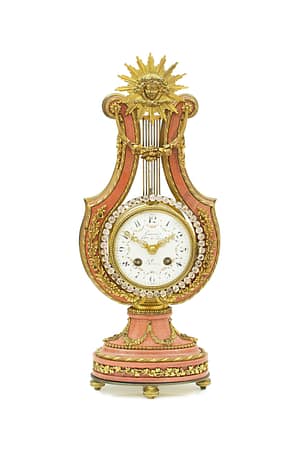 small-french-marble-lyre-mantel-clock A French Marble And Ormolu Mount Lyre Mystery Mantel Clock.