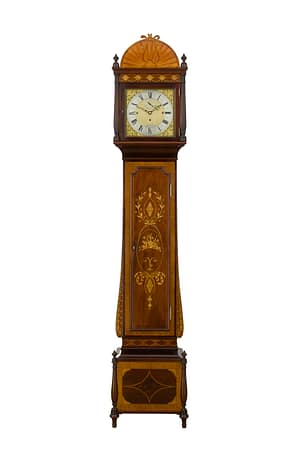 smith-london-quarter-chiming-longcase-clock A Sheraton revival inlaid quarter chiming longcase clock by S Smith of London circa 1880