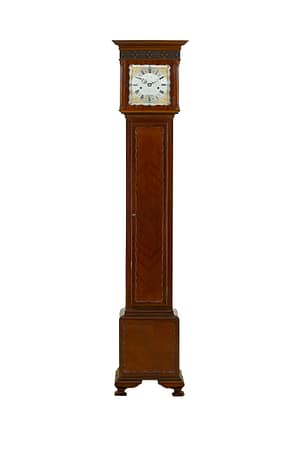 mahogany-grandmother-clock image of a fine quality mahogany quarter chiming grandmother clock with asilvered engraved brass dial and blued steel hands, ching the quarter hours Westminster or Whittington on gongs.