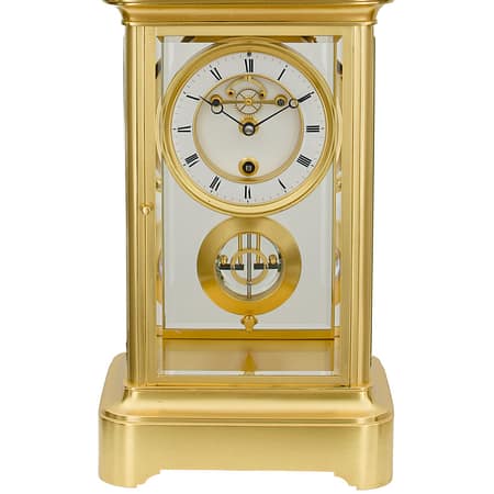 image of a superior quality, rare French gilt brass four-glass mantel timepiece, of one year duration dating to the late 19th century.