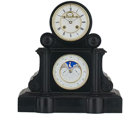 image of a fine quality 19th century French marble perpetual calendar mantel clock with moonphase indication, by A Brocot & Delettrez Paris circa 1870 in the story antique clocks showroom.