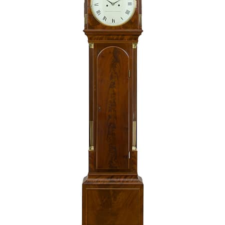image of a fine quality George III flame mahogany 8 day longcase clock by Handley & Moore of London circa 1810.