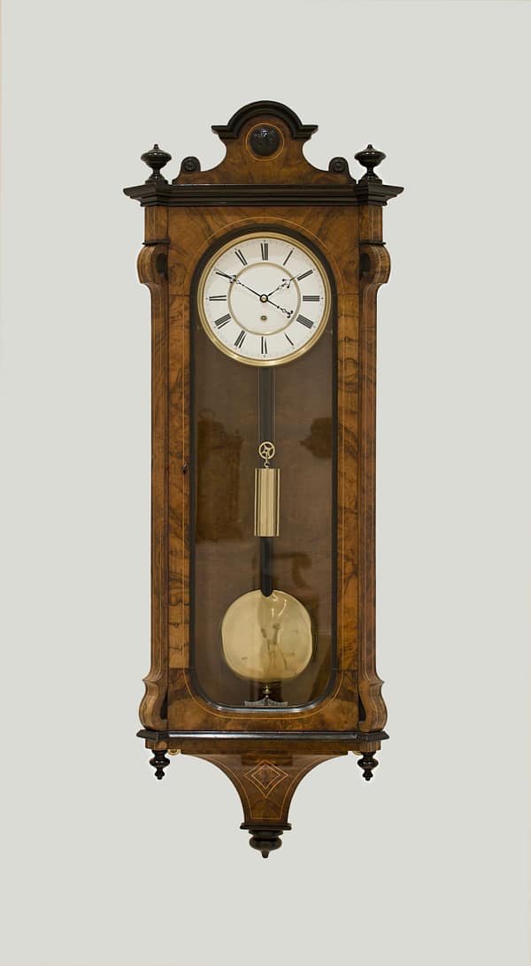 lenzkirch-vienna-wall-clock-master Image of a burr walnut inlaid Lenzkirch Vienna wall regulator clock showing the fine quality case and brass weight and pendulum.