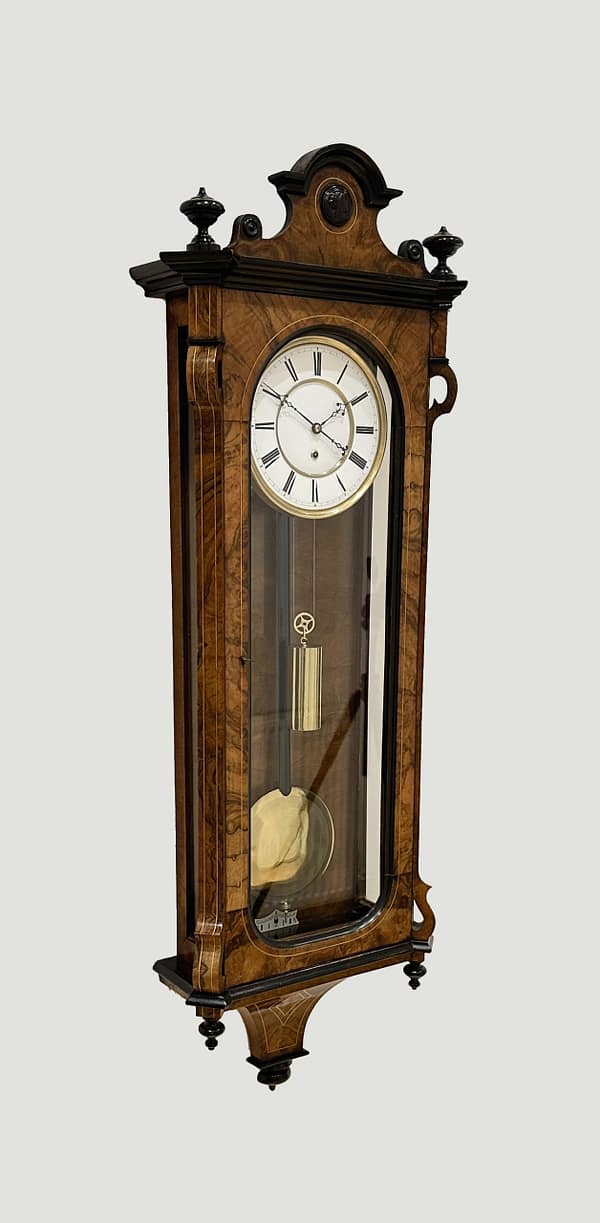 lenzkirch-vienna-wall-clock-antique-side Image of a fine example of a burr walnut german made regulator wall circa 1861 by Lenzkirch.