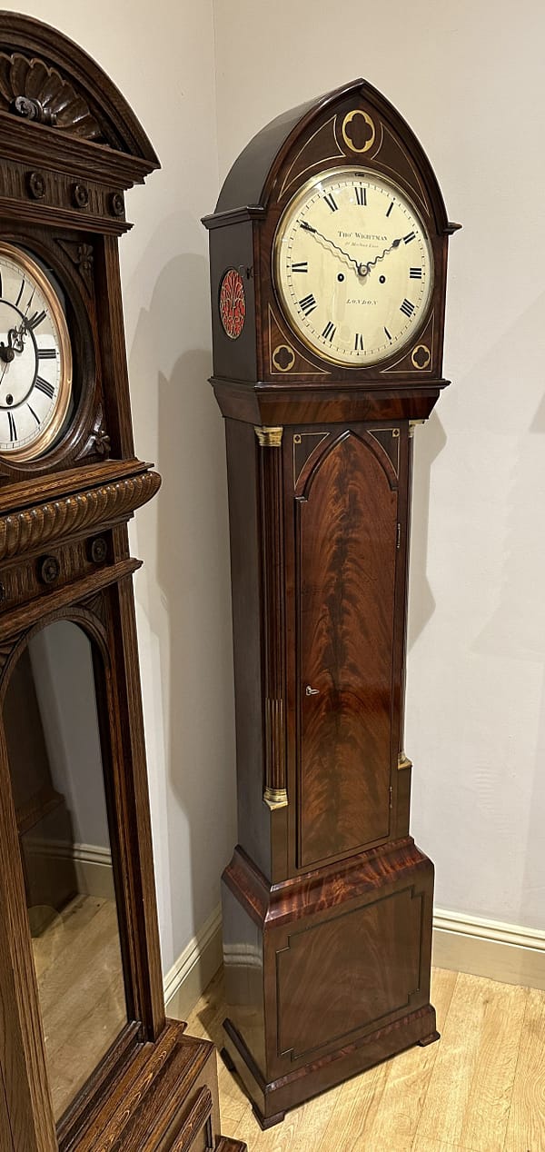 wightman-london-georgian-mahogany-longcase-grandfather-clock-showroom An image of the Wightman of London longcase clock in Story Clocks showroom