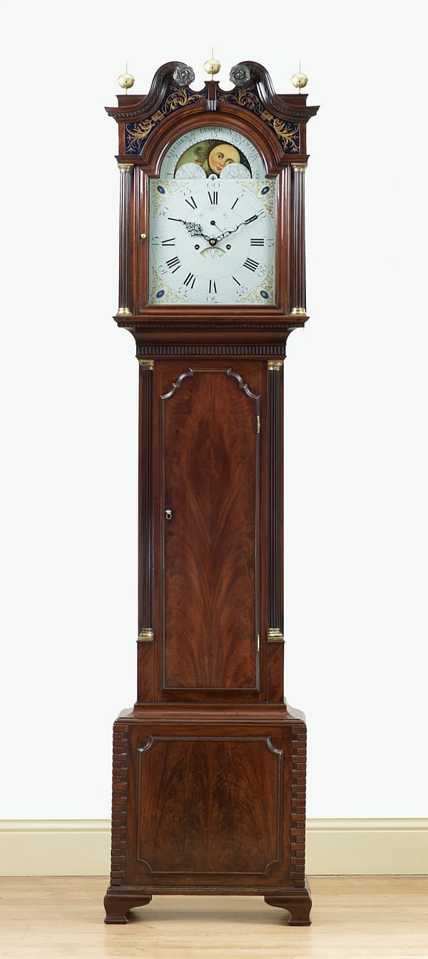 georgian-mahogany-longcase-grandfather-antique-clock-moonphase-master-showroom A fine quality flame mahogany 8 day longcase clock by Kitchen & Lloyd of Nantwich c.1780. Showroom image