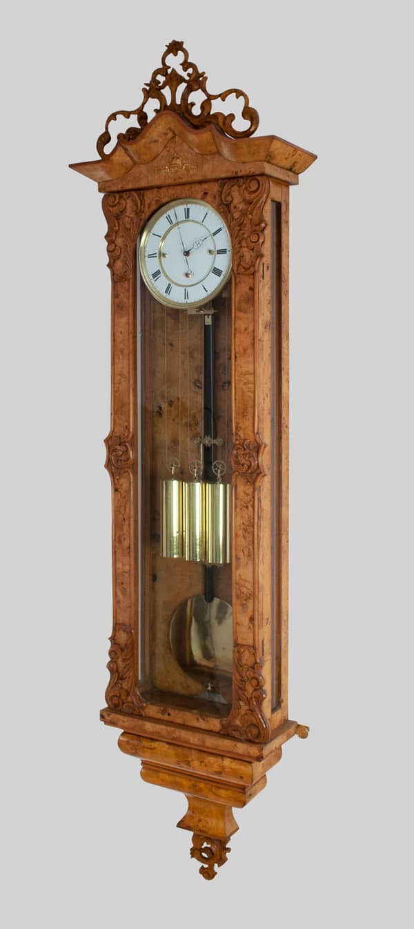 biedermeier-viennese-elm-one-month-wall-clock-side An Impressive Burr Elm Biedermeier Viennese Regulator Wall Clock, Dating Circa 1855, showroom setting side view.