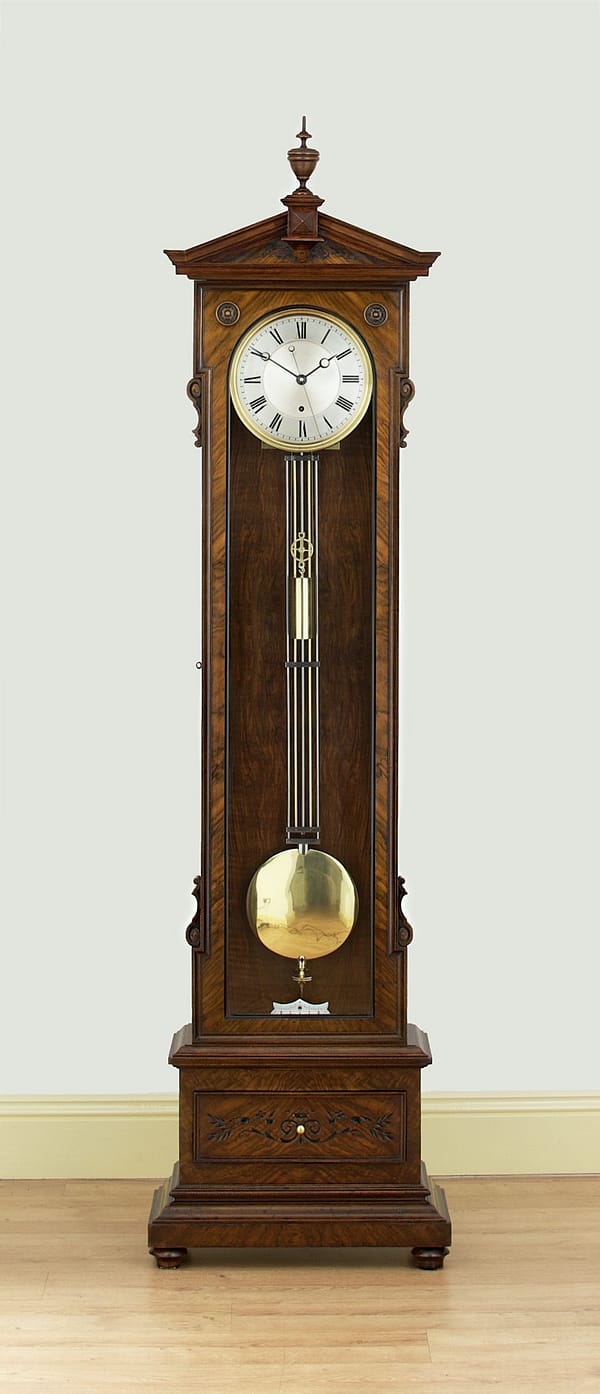 lenzkirch-walnut-regulator-longcase-clock-master-image Image of the Lenzkirch regulator in a showroom setting