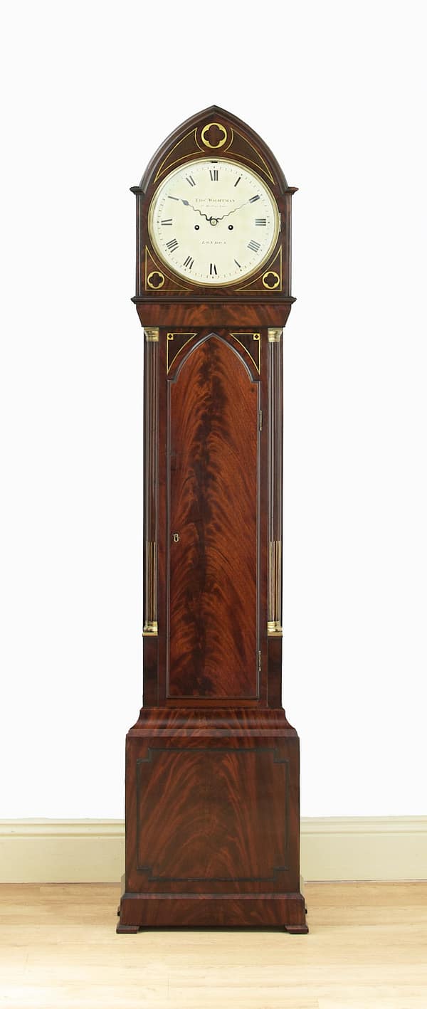 wightman-london-georgian-mahogany-longcase-grandfather-clock-master-showroom Showroom image of the beautiful mahogany Regency Longcase clock