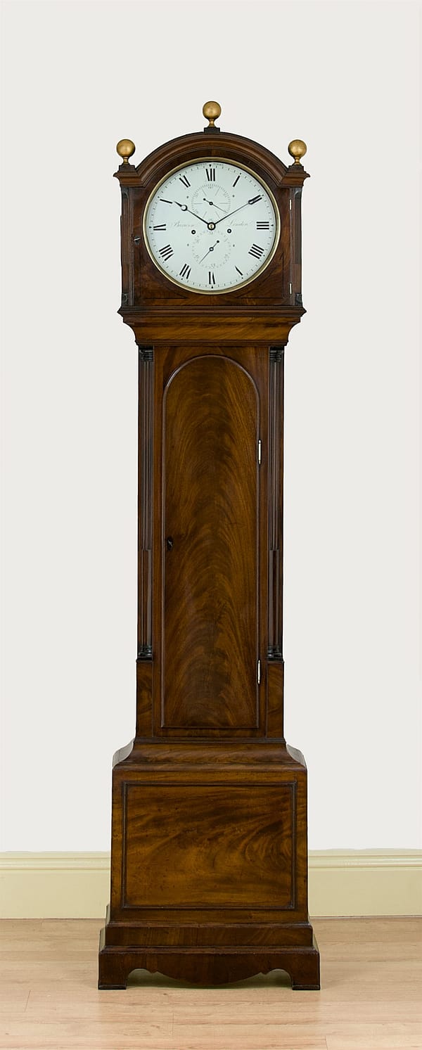 barwise-london-longcase A fine example of a flame mahogany longcase clock by Barwise of London circa 1800
