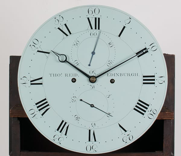 reid-endinburgh-mahogany-longcase-grandfather-clock-dial Reid of Edinburgh Georgian longcase /grandfather antique clock. White painted dial image.