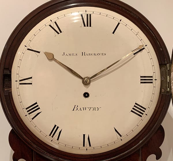 hargraves-bawtry-georgian-mahogany-fusee-drop-dial-wall-clock-dial image of the convex painted wooden dial.