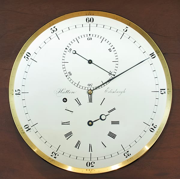hutton-edinburgh-mahogany-regulator-longcase-clock-dial A fine quality flame mahogany 8 day regulator longcase clock by John Hutton of Edinburgh, image of the silvered observatory regulator layout.