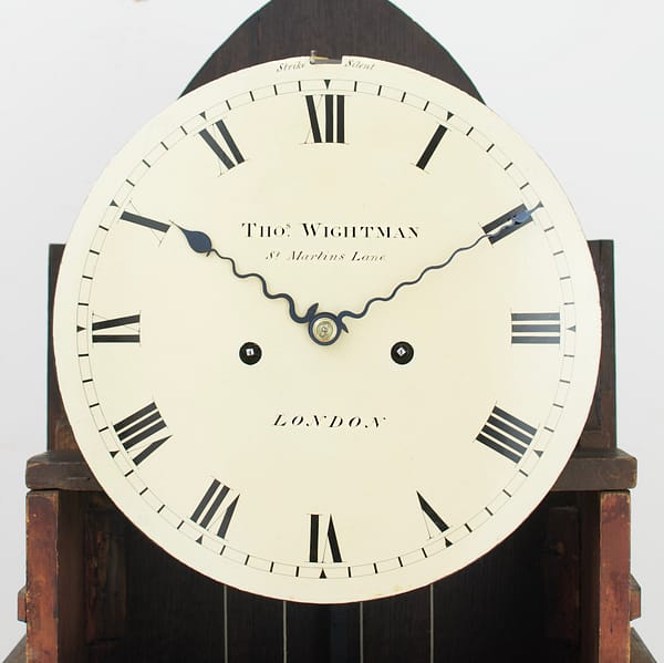 wightman-london-georgian-mahogany-longcase-grandfather-clock-dial An image of the painted convex longcase clock dial by Wightman of London