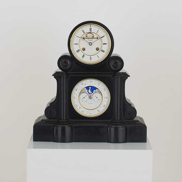 french-perpetual-calendar-mantel-clock-main showroom image of a fine quality 19th century French marble perpetual calendar mantel clock with moonphase indication, by A Brocot & Delettrez Paris circa 1870.