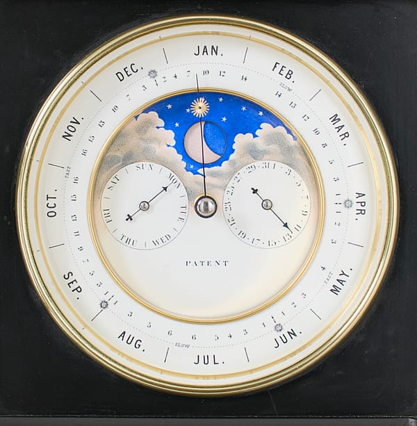 french-perpetual-calendar-mantel-clock-dial-detail image of perpetual calendar clock dial from a fine quality 19th century French marble perpetual calendar mantel clock with moonphase indication, by A Brocot & Delettrez Paris circa 1870.