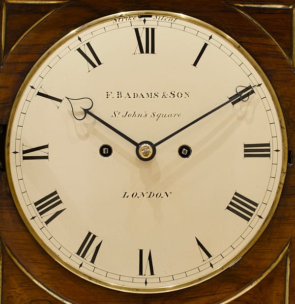 rosewood-bracket-clock-adams-london-dial image of the original finish circular white enamel dial, signed FB Adams London.