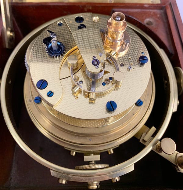 frodsham-london-marine-chronometer-movement-balance image of the fully restored 56 hour marine chronometer movement