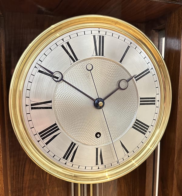 lenzkirch-walnut-regulator-longcase-clock-dial Silvered dial with engine turned centre.