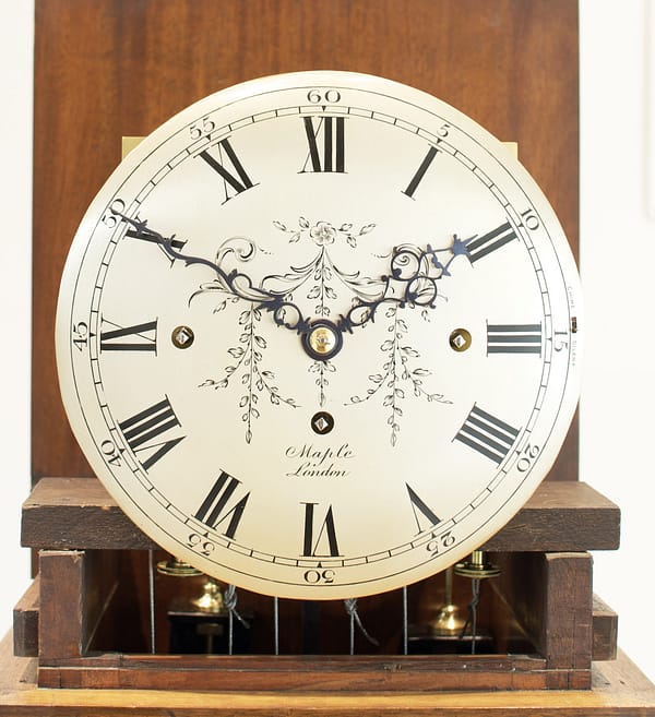 london-walnut-quarter-chiming-longcase-grandfather-clock-dial silvered convex, clock dial. A high quality, small proportioned, Westminster chiming longcase / grandfather clock by Maple of London.