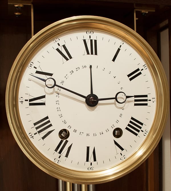french-walnut-regulator-wall-clock-dial An image of the white enamelled convex antique clock dial