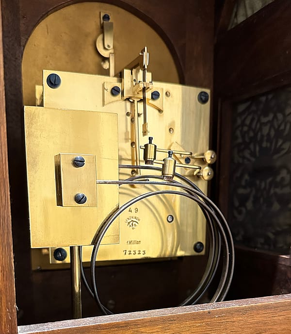 burr-walnut-lenzkirch-quarter-chiming-bracket-mantel-clock-showroom-movement image shows theThe clock strikes the number of hours on a single gong and then continues the ting tang sequence for the quarters. Two chimes for quarter past, four chimes for half past and six chimes for quarter to the hour