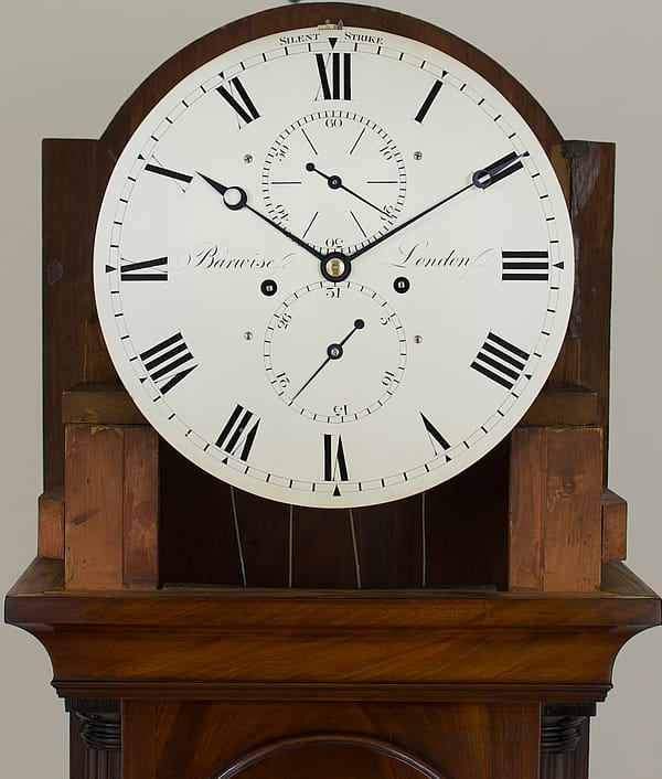 barwise-london-longcase-clock-dial A silvered and engraved brass dial of a John Barwise of London clock