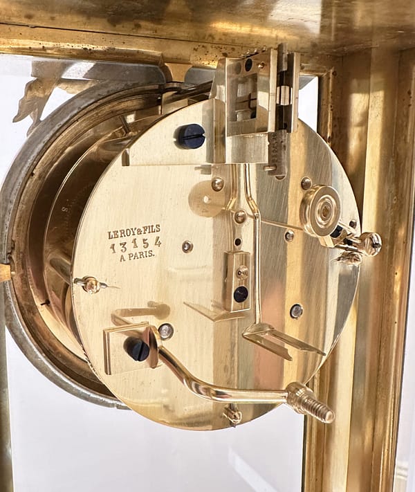 leroy-paris-mantel-clock-movement A fine quality French rouge marble four-glass mantel clock by Le Roy & Fils, 13 - 15 Palais Royal Paris, Circa 1880.