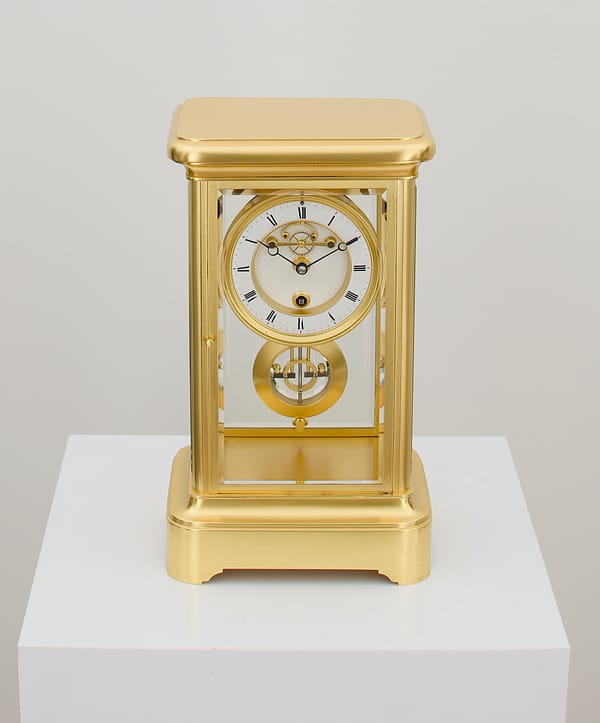 french-four-glass-year-duration-top image showing the fine quality frost gilt gilded brass case of a fine quality year duration french mantel clock