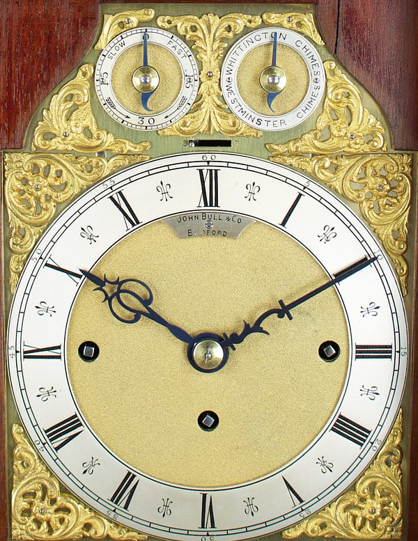 bull-bedford-quarter-chiming-mahogany-antique-bracket-clock-dial Bull of bedoford bracket clock blued steel hands
