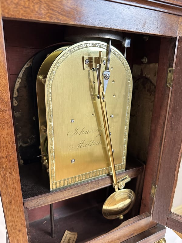 agar-malton-mahogany-georgian-fusee-bracket-clock-movement The fully restored 8 day fusee clock movement engraved to the backplate Agar malton