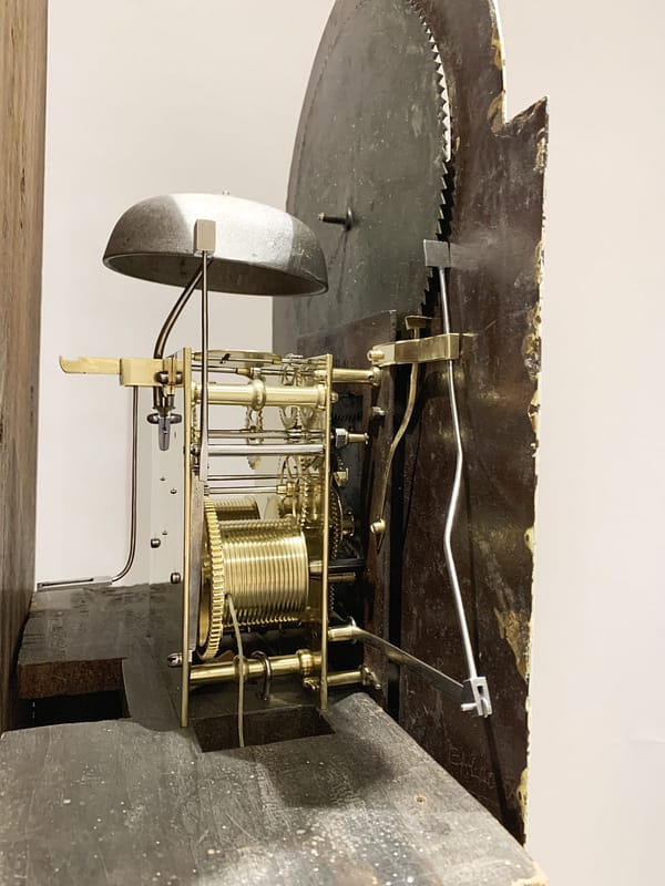 georgian-mahogany-longcase-grandfather-antique-clock-moonphase-movementdetail A fine quality flame mahogany 8 day longcase clock by Kitchen & Lloyd of Nantwich c.1780. Detail of movement moonphase mechanism.