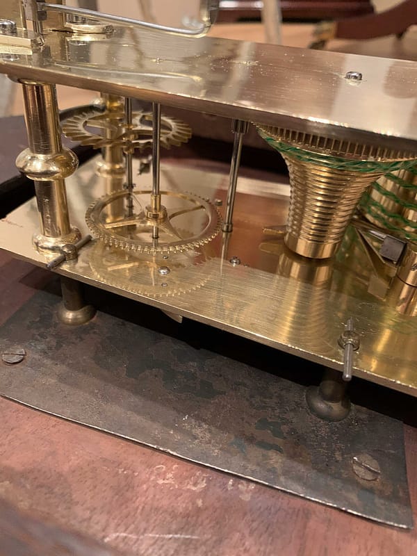 hargraves-bawtry-georgian-mahogany-fusee-drop-dial-wall-clock-movement-detail detailed image of the fully restored fusee movement